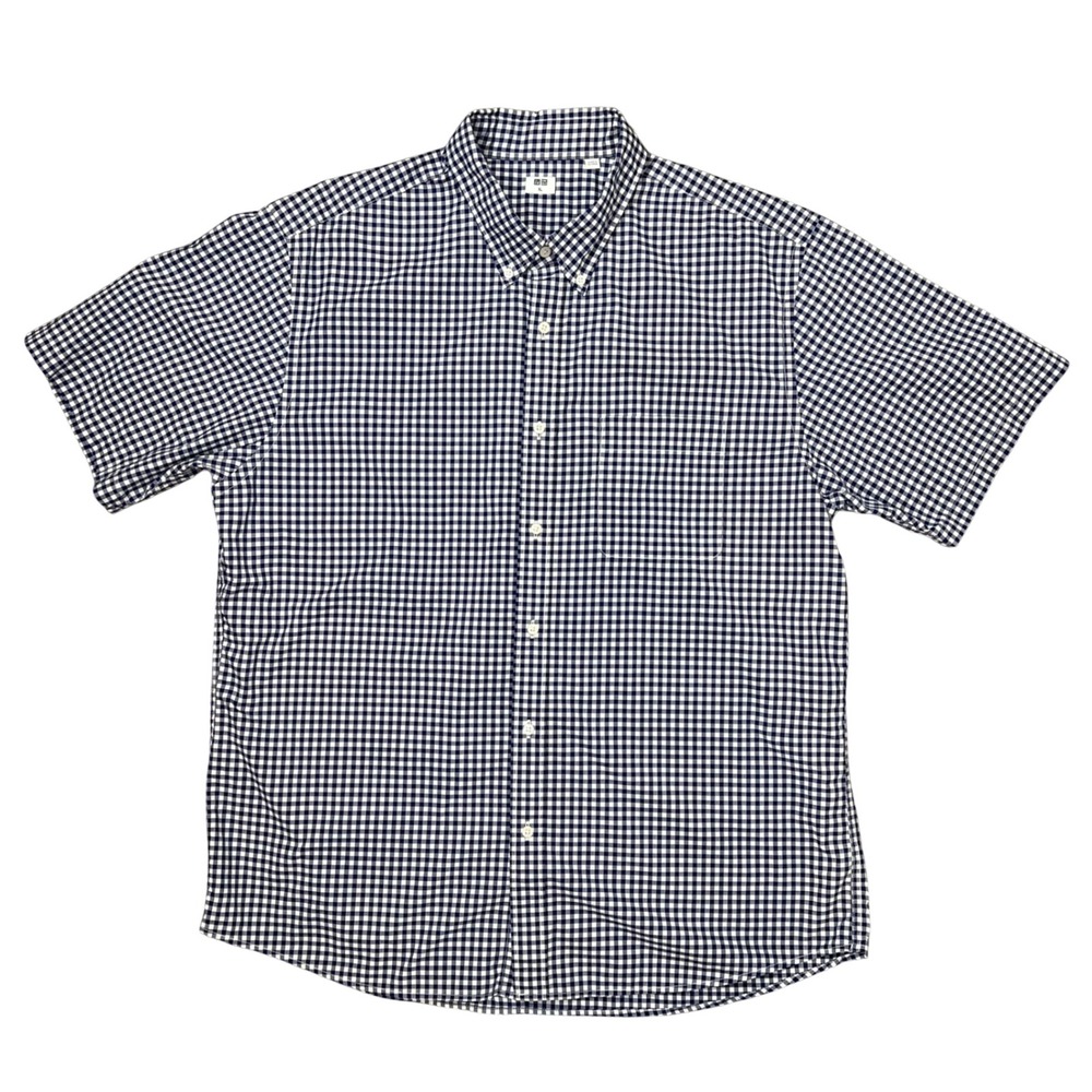 Uniqlo Mens XL Gingham Check Short Sleeve Button Down Shirt Navy White Coastal